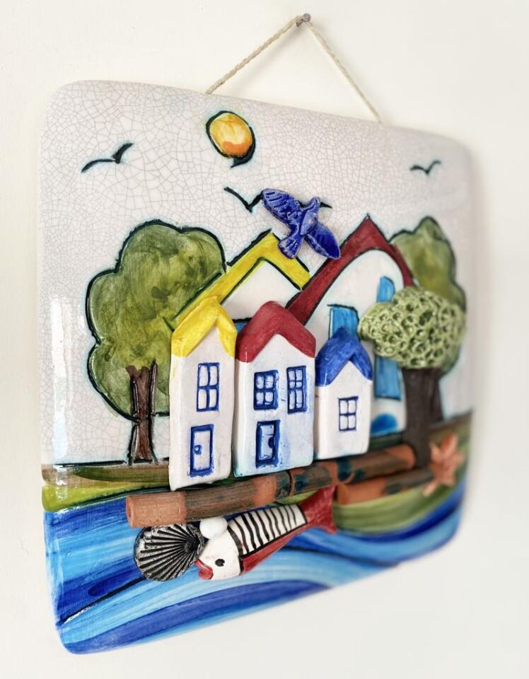 Seramik Ev Ağaç Deniz Balık Temalı Dekoratif Duvar Süsü