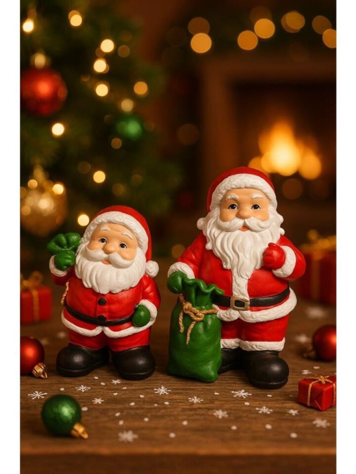 Dekoratif İkili Noel Baba Biblosu Noel Dekorasyon Figürü Hediyelik Yeni Yıl Süsü