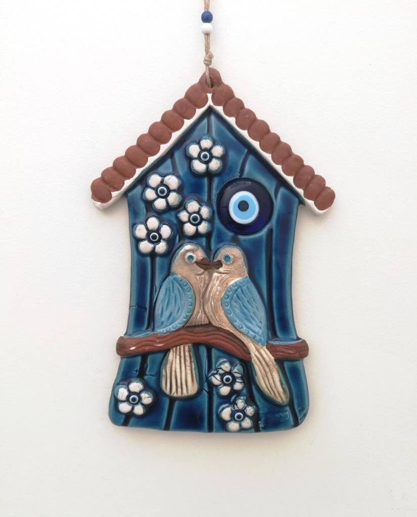 Seramik Kuş Evi El İşi Duvar Süsü Büyük Boy Aşık Kuş Ev