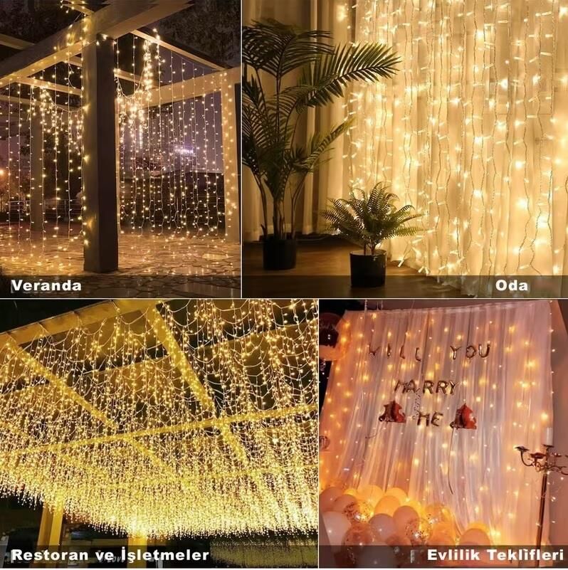 3x2 Metre 8 Fonksiyonlu Animasyonlu Perde LED Işık Kalın Telli Saçak LED Işık 240 LED Yılbaşı Işık Saçak Süsleme