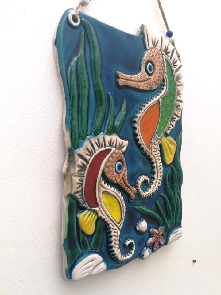 Dekoratif Seramik Denizatı Çifti El Işi Duvar Süsü Büyük Boy Duvar Dekoru