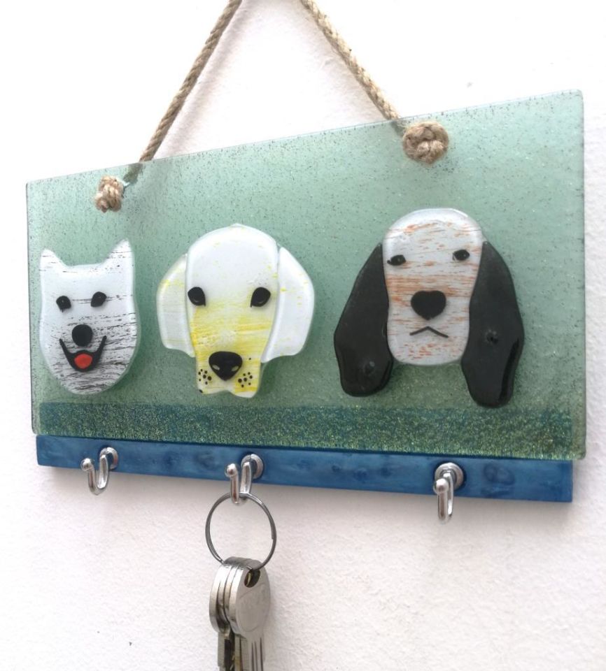Dekoratif Füzyon Cam Üçlü Köpek Desenli Anahtar Askısı Anahtarlık Dekor