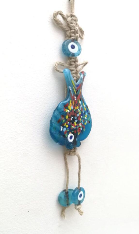 Dekoratif Balık Figürlü Nazar Boncuklu Duvar Süsü Turkuaz