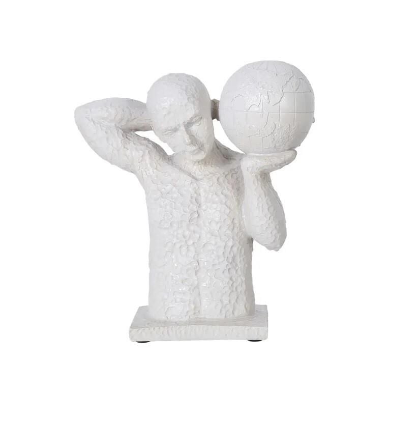 Dekoratif İkili Dünya Taşıyan Adam Kitap Tutucu Masa Dekoru Biblo Heykel Beyaz