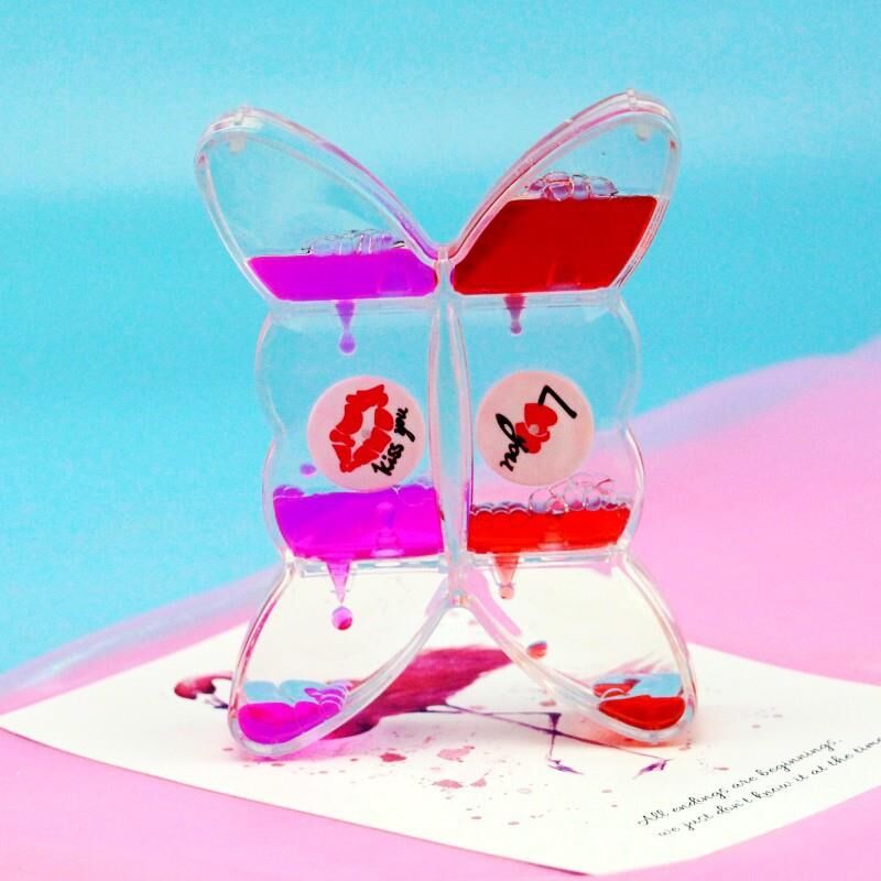 Kelebek Figürlü Sıvı Kum Saati Masa Dekoru Hediye Dekorasyon Pembe Kırmızı