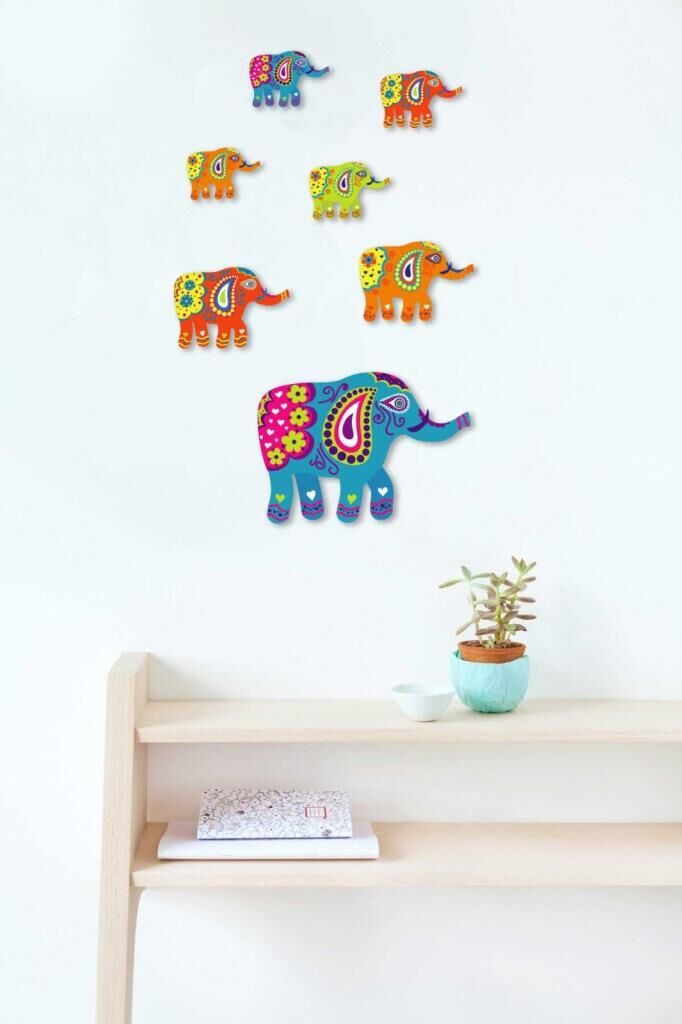 7 Parça Dekoratif Ahşap Renkli Desenli Fil