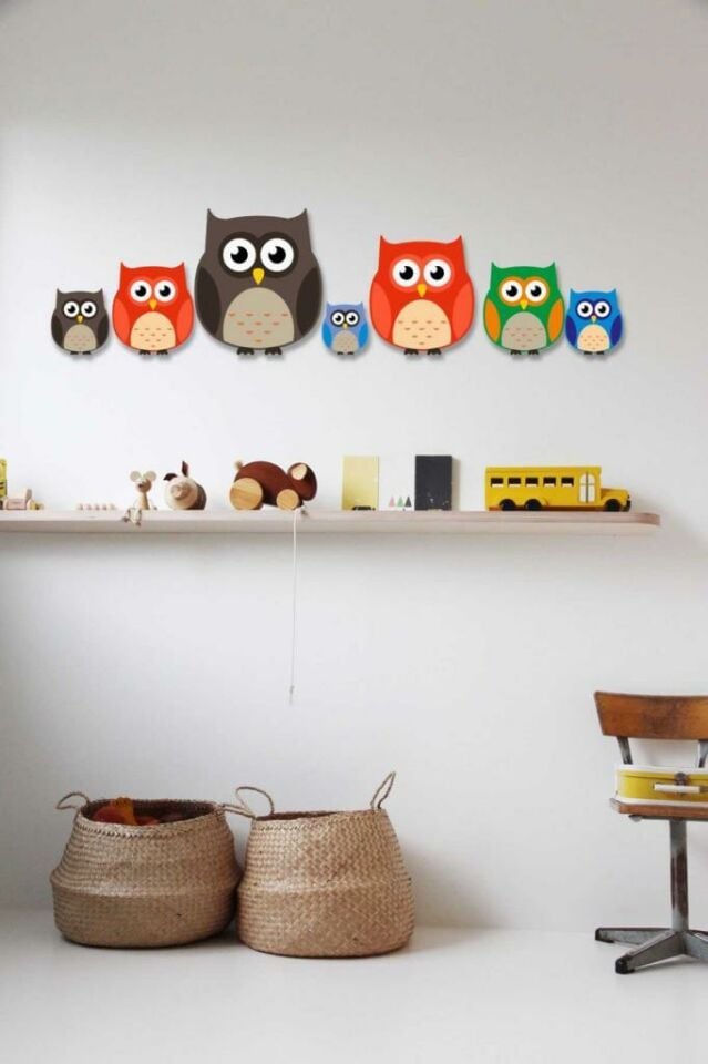 Dekoratif 7 Parça Renkli Desenli Ahşap Baykuş