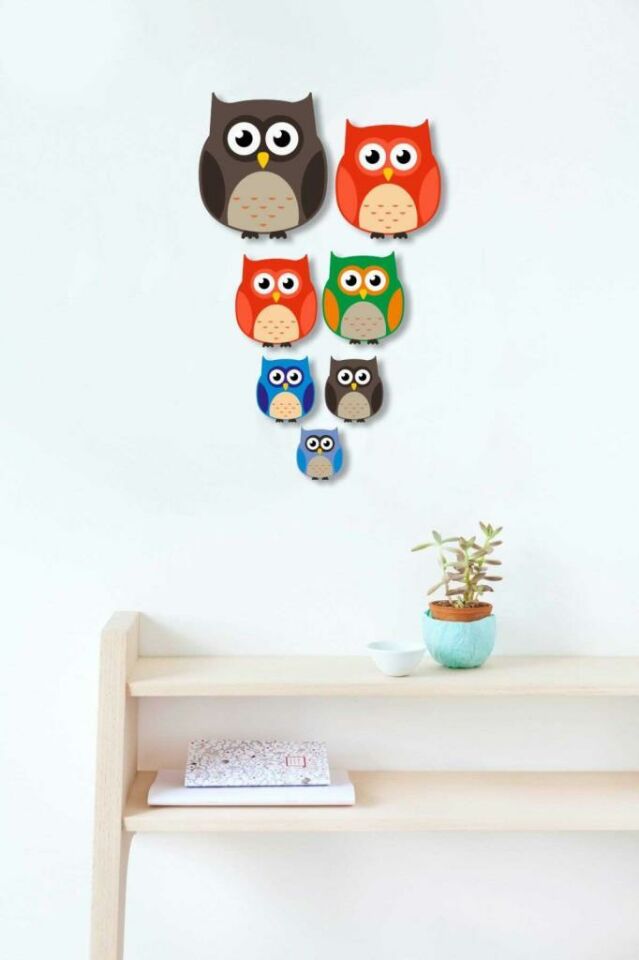 Dekoratif 7 Parça Renkli Desenli Ahşap Baykuş