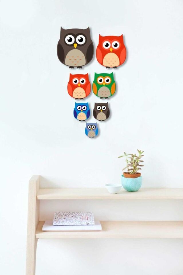 Dekoratif 7 Parça Renkli Desenli Ahşap Baykuş
