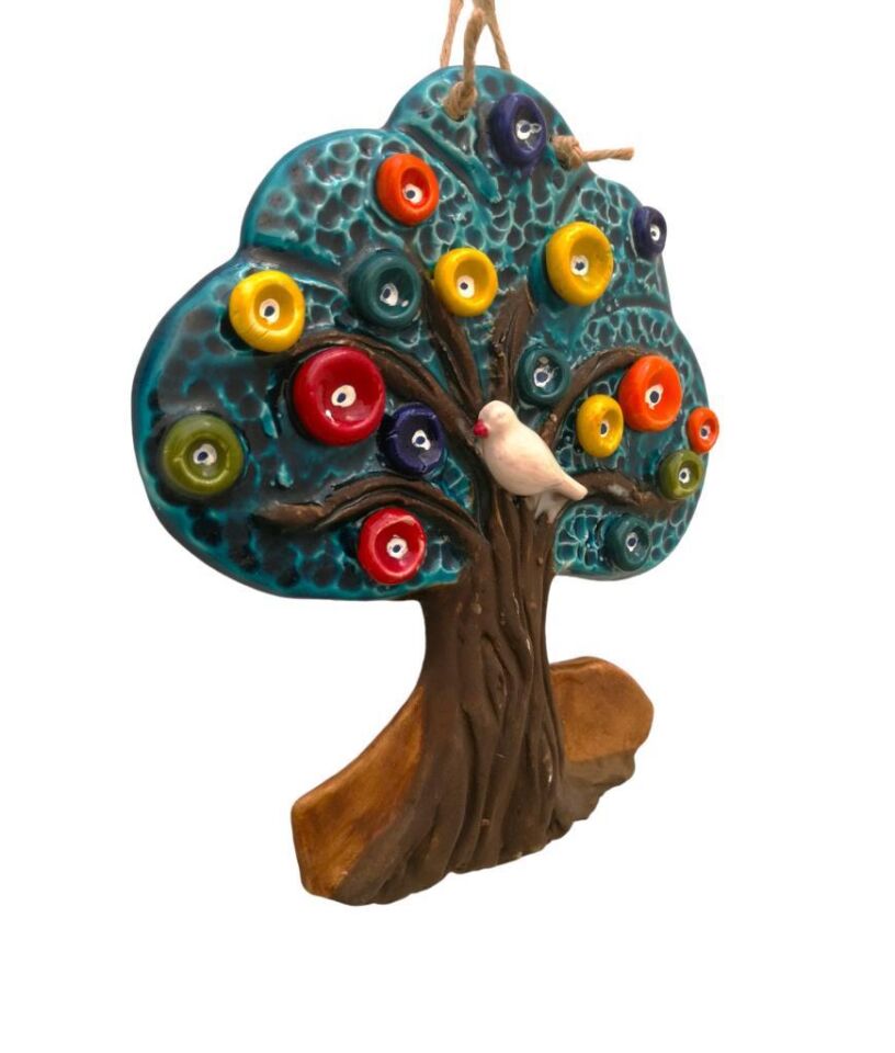 Seramik Boncuk ve Kuş Süslemeli Ağaç Dekoratif Duvar Süsü