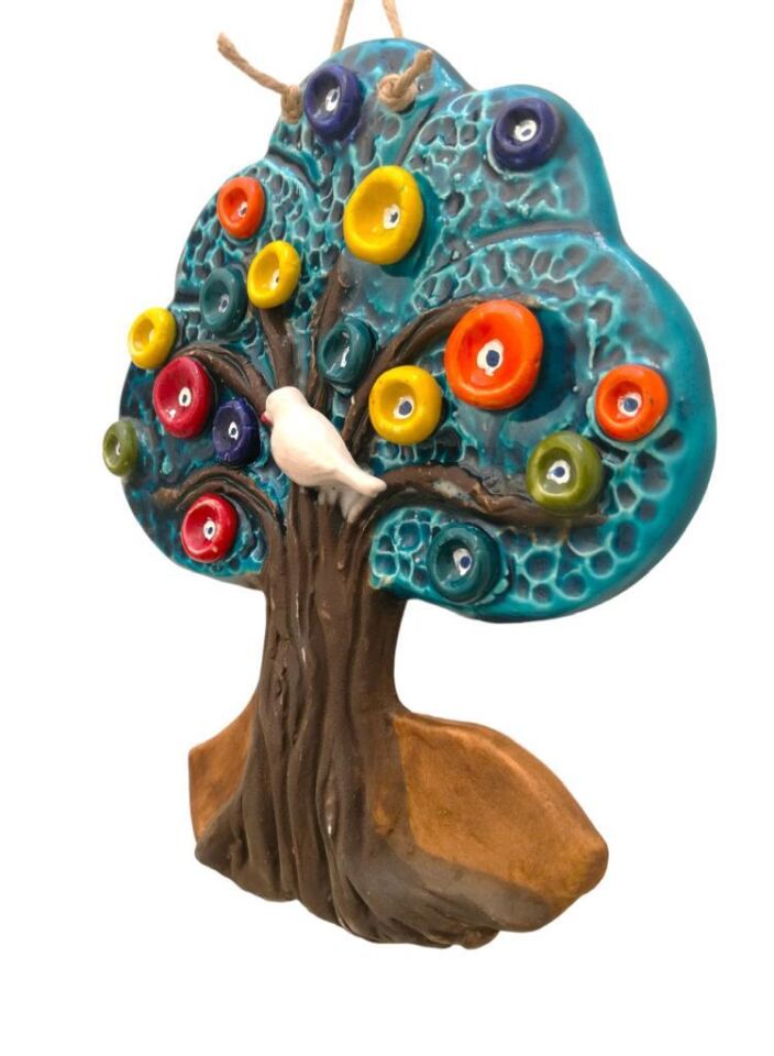 Seramik Boncuk ve Kuş Süslemeli Ağaç Dekoratif Duvar Süsü