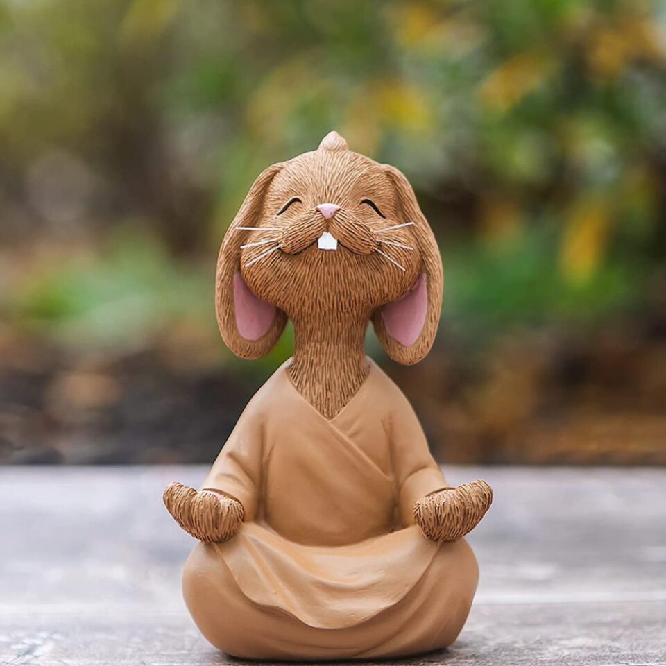 Dekoratif Yoga Yapan Tavşan Biblo Meditasyon Büyük Boy Tavşan Heykeli Ev Dekoru 18x11.5 cm Kahverengi