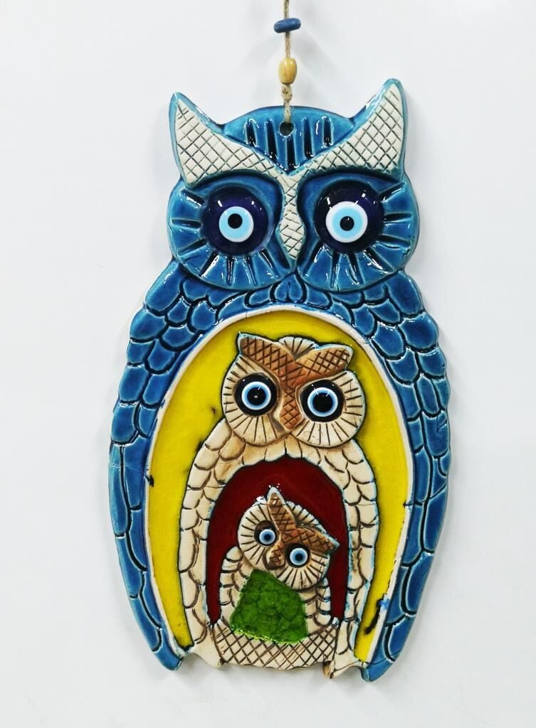 Seramik Baykuş Aile Dekoratif El İşi Duvar Süsü Büyük Boy Nazarlık