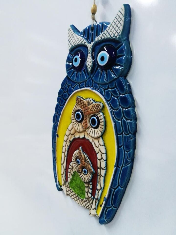 Seramik Baykuş Aile Dekoratif El İşi Duvar Süsü Büyük Boy Nazarlık
