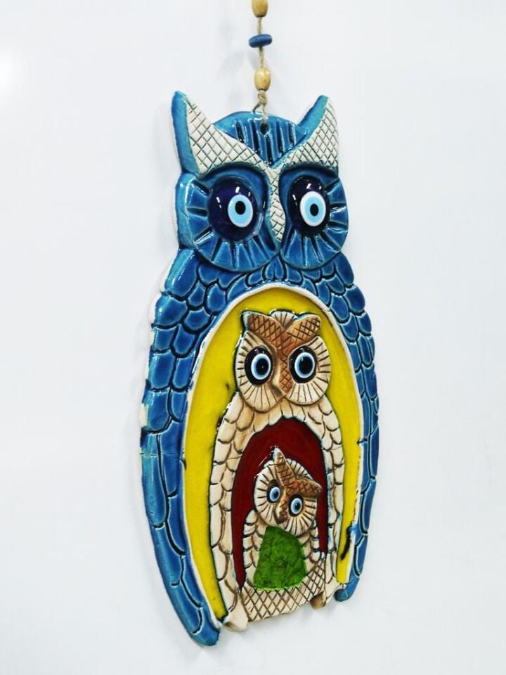 Seramik Baykuş Aile Dekoratif El İşi Duvar Süsü Büyük Boy Nazarlık