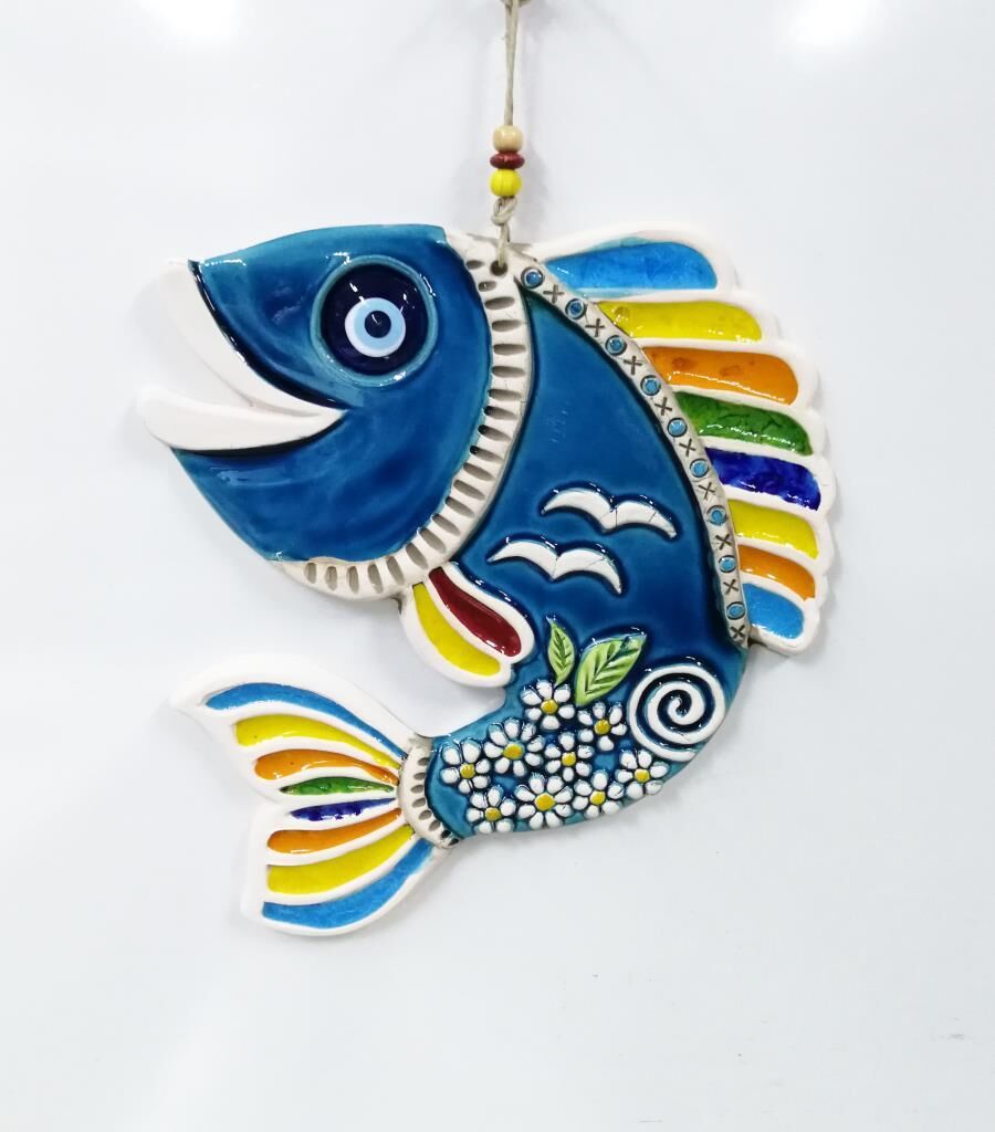 Seramik Sevimli Balık Dekoratif El İşi Duvar Süsü Büyük Boy Nazarlık
