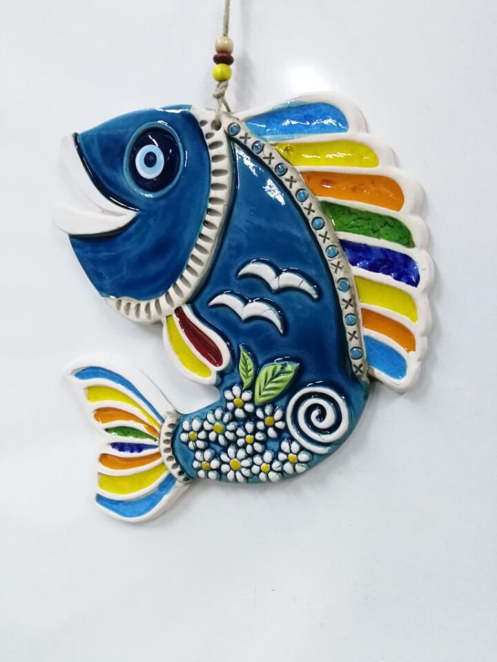 Seramik Sevimli Balık Dekoratif El İşi Duvar Süsü Büyük Boy Nazarlık
