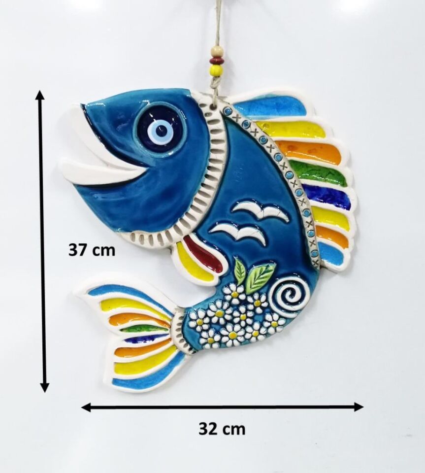 Seramik Sevimli Balık Dekoratif El İşi Duvar Süsü Büyük Boy Nazarlık