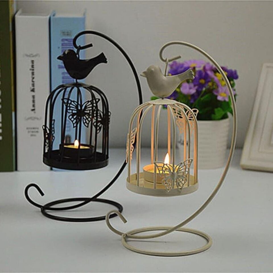 Ferforje Kuş Kafesi Tealight Mumluk Dekoratif Mumluk Krem