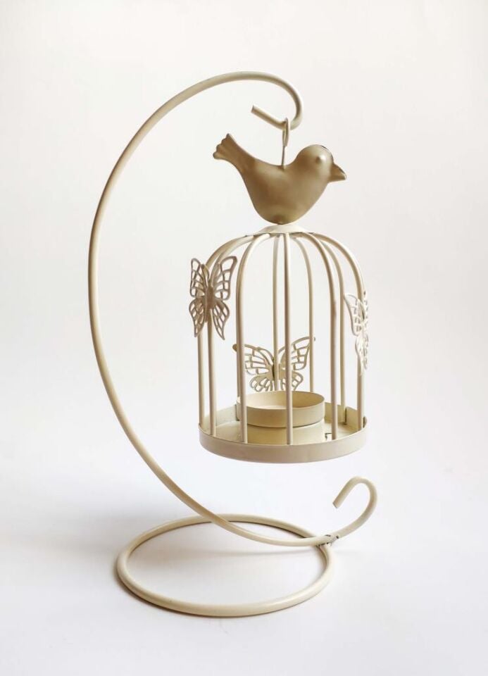 Ferforje Kuş Kafesi Tealight Mumluk Dekoratif Mumluk Krem