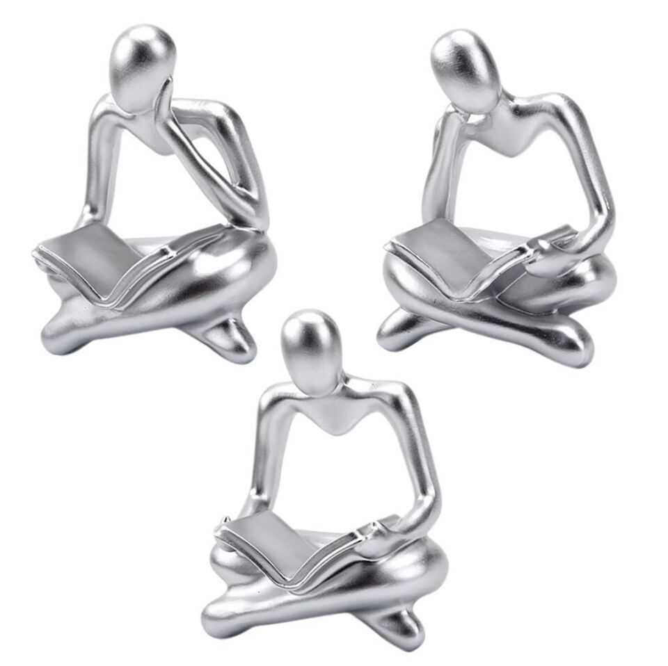 İskandinav Tarz 3 Adet Lüks Stil Kitap Okuyan İnsan Figürü Soyut Şekil Biblo Heykel Ev Dekorasyon Süsleri Masa Dekoru Raf Dekoru GÜMÜŞ