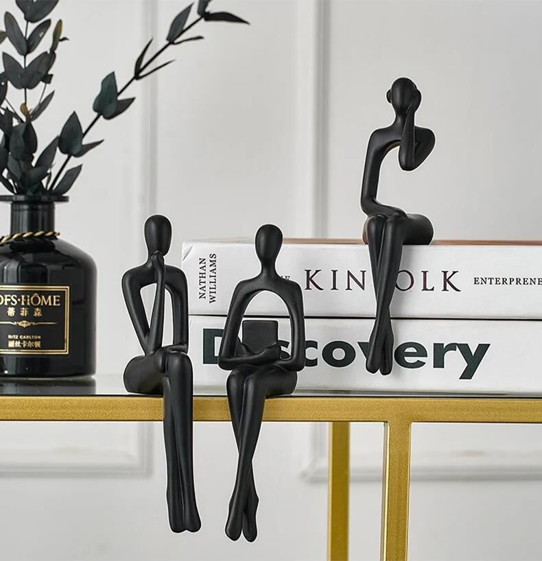 İskandinav Tarz Dekoratif 3 Adet Soyut Düşünen Heykel Biblo Ev Dekorasyon Raf Dekoru Oturma Odası Aksesuar Siyah