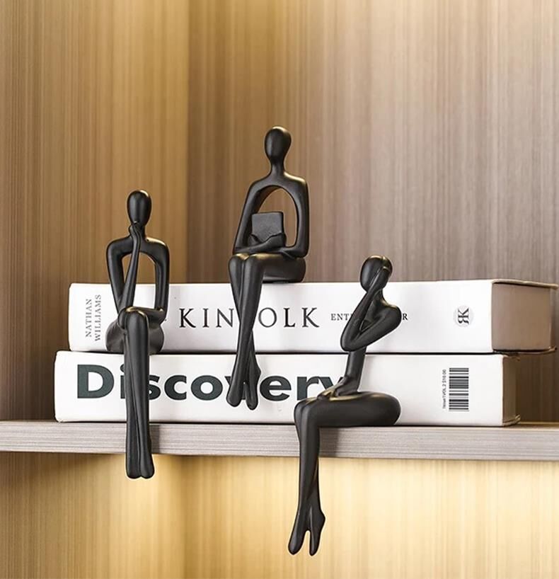 İskandinav Tarz Dekoratif 3 Adet Soyut Düşünen Heykel Biblo Ev Dekorasyon Raf Dekoru Oturma Odası Aksesuar Siyah