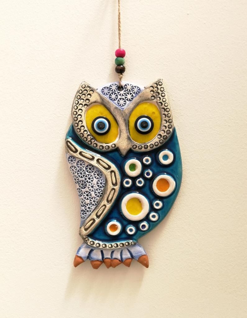 Seramik Baykuş Figürlü Dekoratif El İşi Duvar Süsü Nazarlık