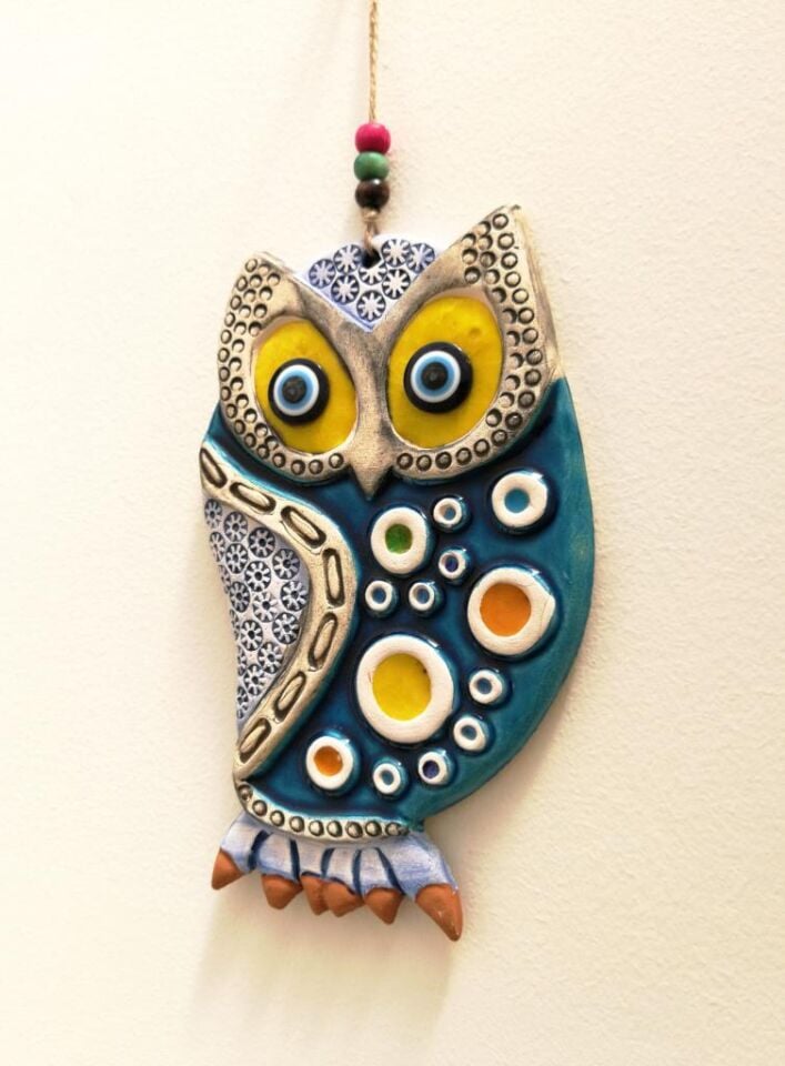 Seramik Baykuş Figürlü Dekoratif El İşi Duvar Süsü Nazarlık