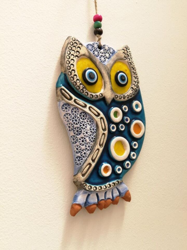 Seramik Baykuş Figürlü Dekoratif El İşi Duvar Süsü Nazarlık