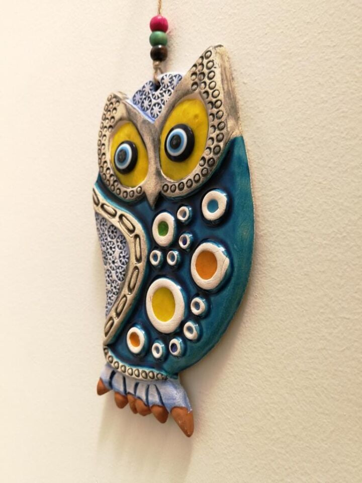 Seramik Baykuş Figürlü Dekoratif El İşi Duvar Süsü Nazarlık