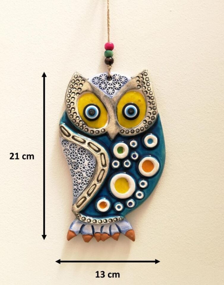 Seramik Baykuş Figürlü Dekoratif El İşi Duvar Süsü Nazarlık