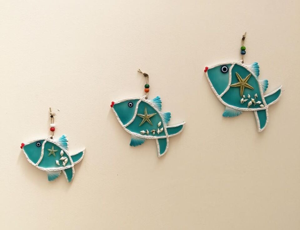 Deniz Kabuğu Süslemeli Üçlü Balık Duvar Süsü Nazarlık