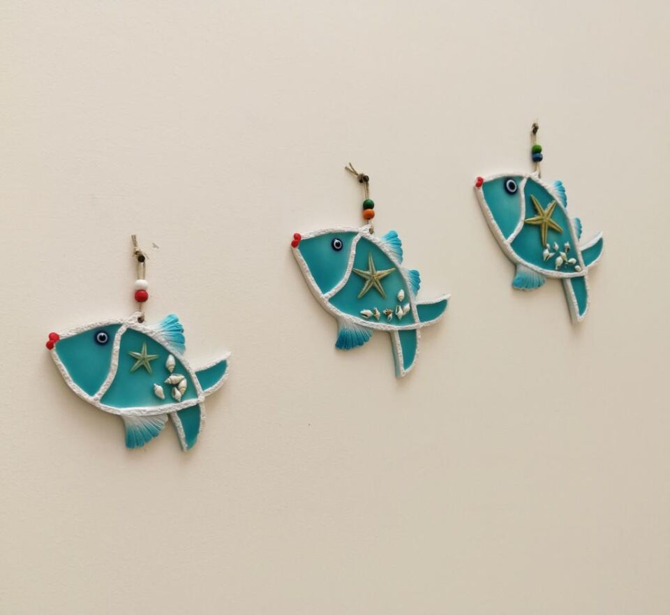 Deniz Kabuğu Süslemeli Üçlü Balık Duvar Süsü Nazarlık