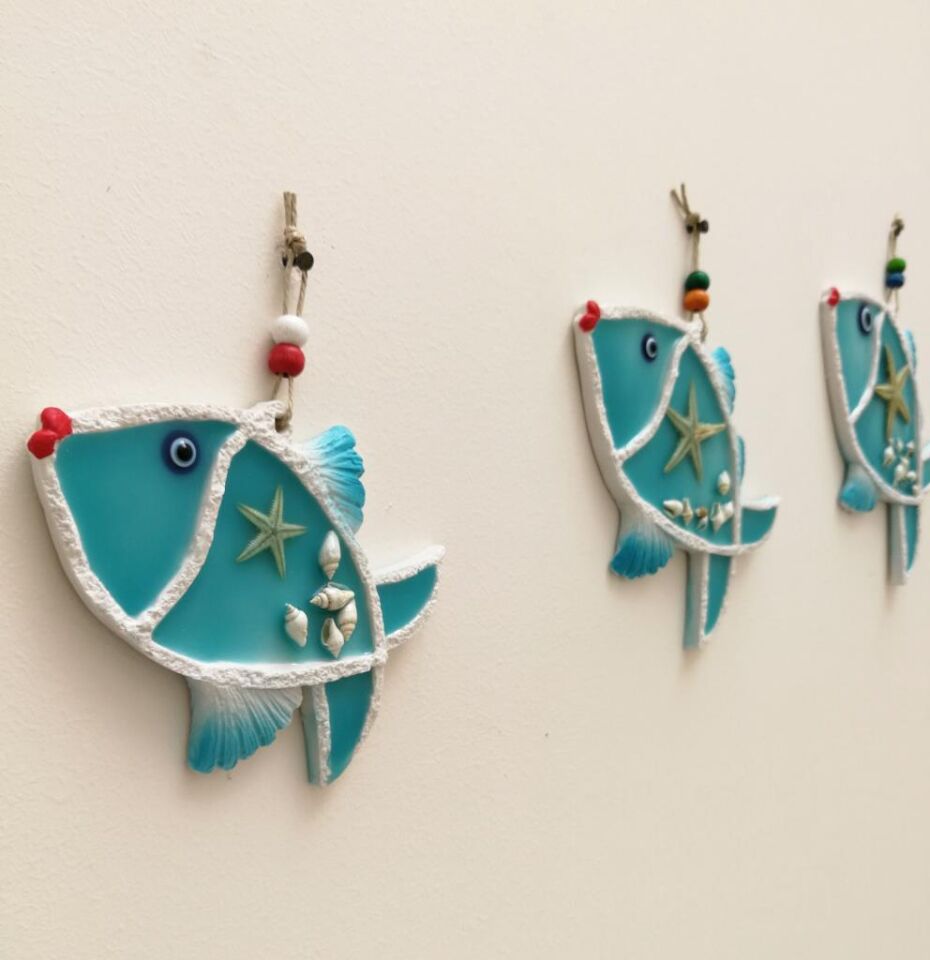 Deniz Kabuğu Süslemeli Üçlü Balık Duvar Süsü Nazarlık