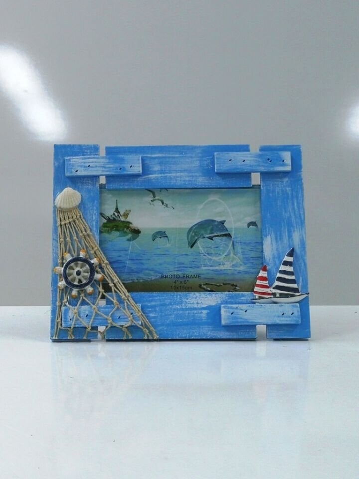 Ahşap Dümen Gemi Ağ Süslemeli Yatay Fotoğraf Resim Çerçeve 21x17