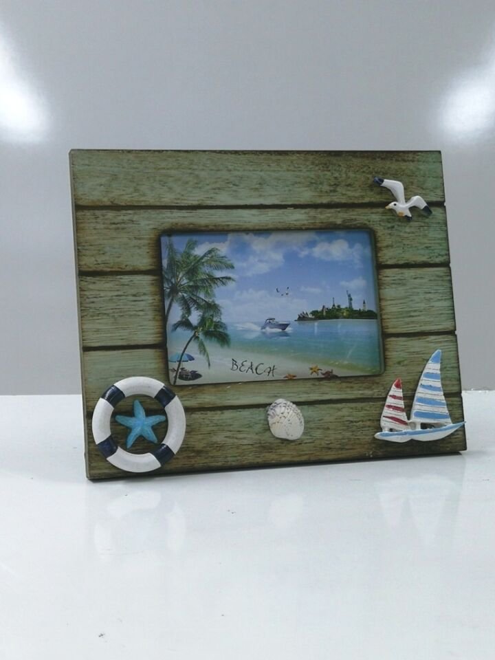 Ahşap Gemi Martı Süslemeli Fotoğraf Resim Çerçeve 21x17