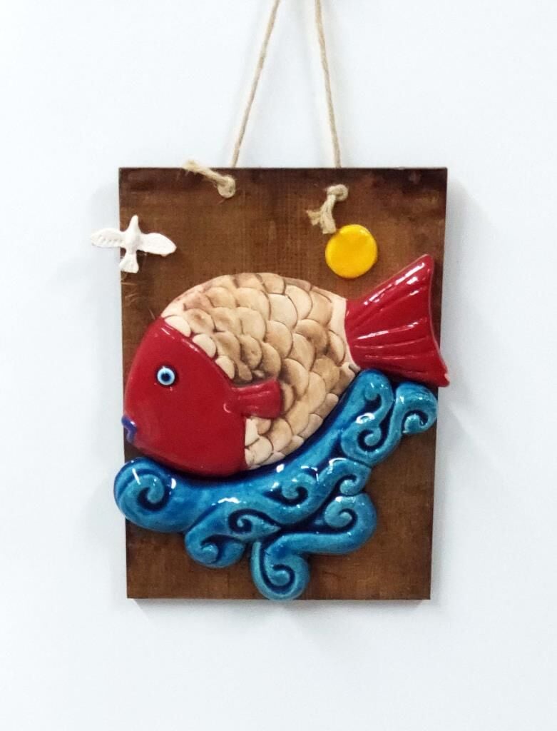 Balık Güneş ve Martılı Dekoratif Duvar Süsü 15x21 cm