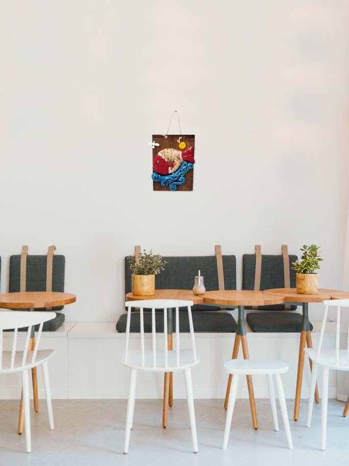 Balık Güneş ve Martılı Dekoratif Duvar Süsü 15x21 cm