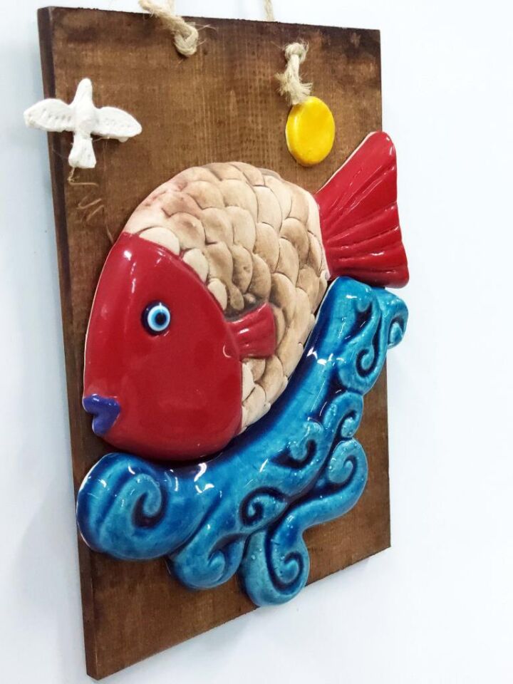 Balık Güneş ve Martılı Dekoratif Duvar Süsü 15x21 cm