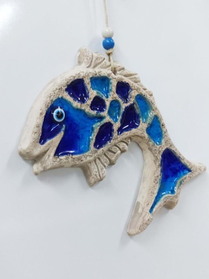 Seramik Mavi Renkli Balık Nazarlıklı Dekoratif Duvar Süsü 21x17cm