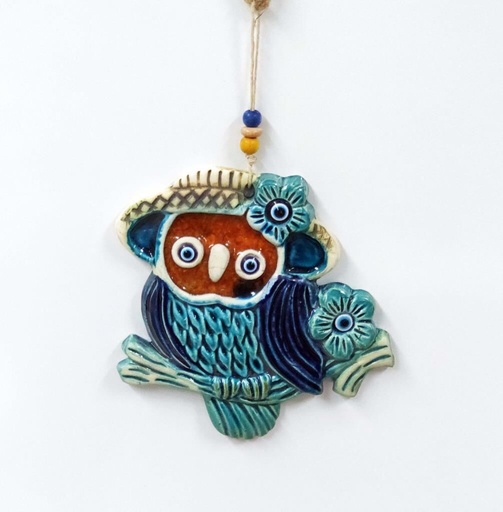 Seramik Baykuş Nazarlıklı Dekororatif Dekor Süsü 19x18 cm