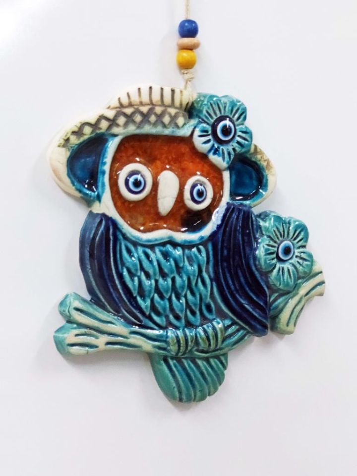 Seramik Baykuş Nazarlıklı Dekororatif Dekor Süsü 19x18 cm