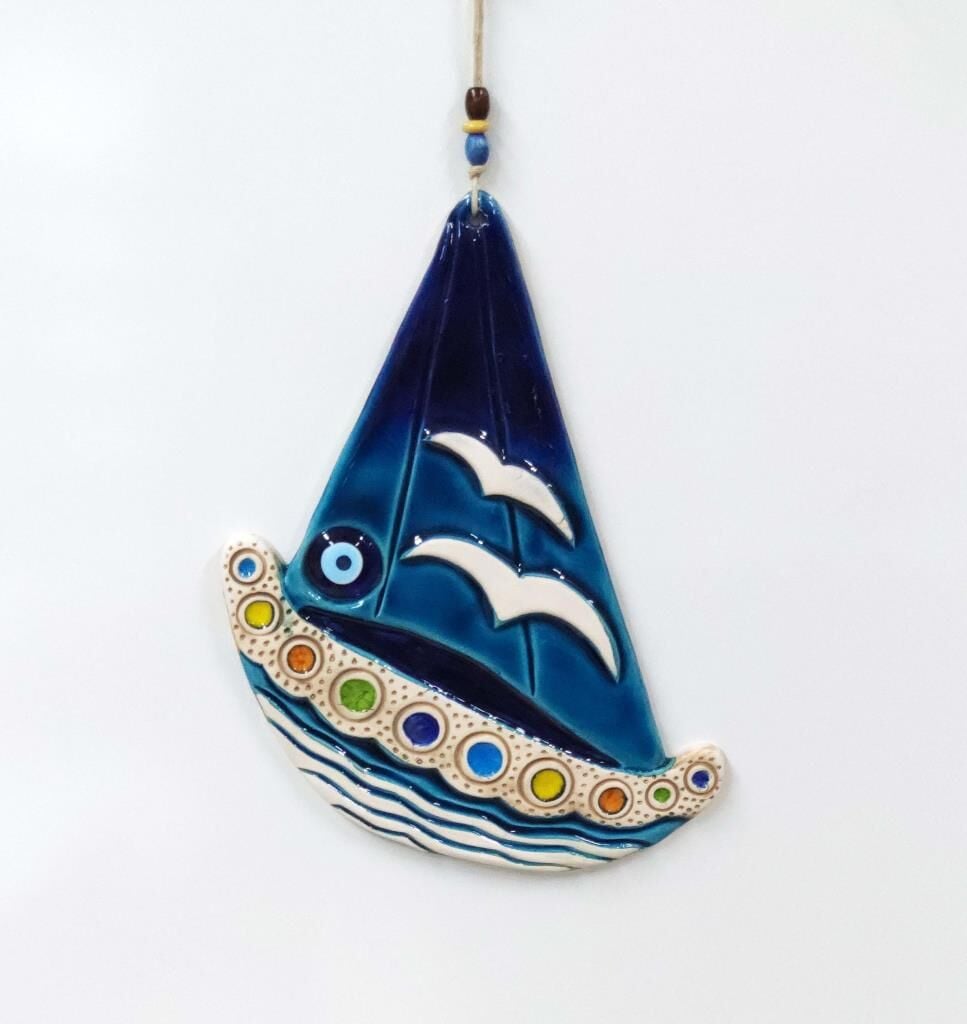 Seramik Gemi Martı ve Nazarlıklı Dekoratif Duvar Süsü 28x36 cm