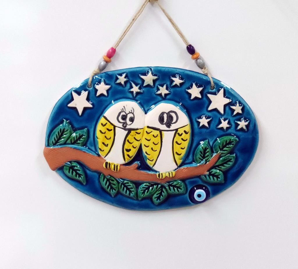 Seramik Aşık Baykuşlar Nazarlık Dekor ve Duvar Süsü 33x23 cm