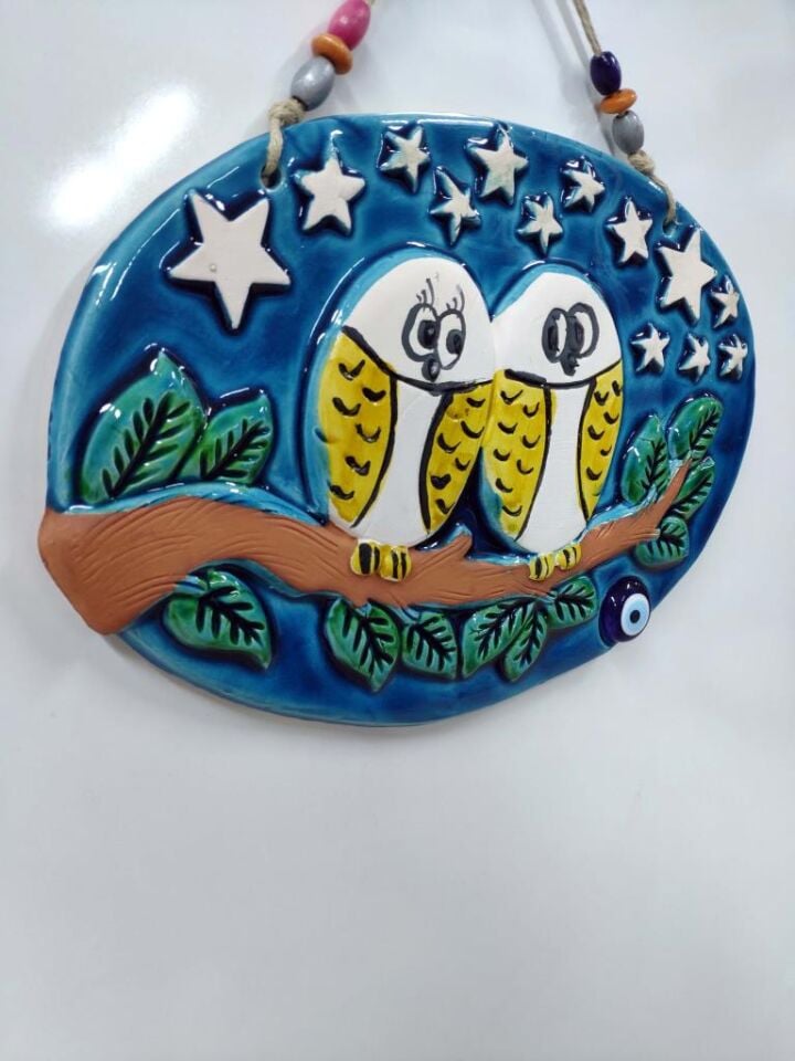 Seramik Aşık Baykuşlar Nazarlık Dekor ve Duvar Süsü 33x23 cm