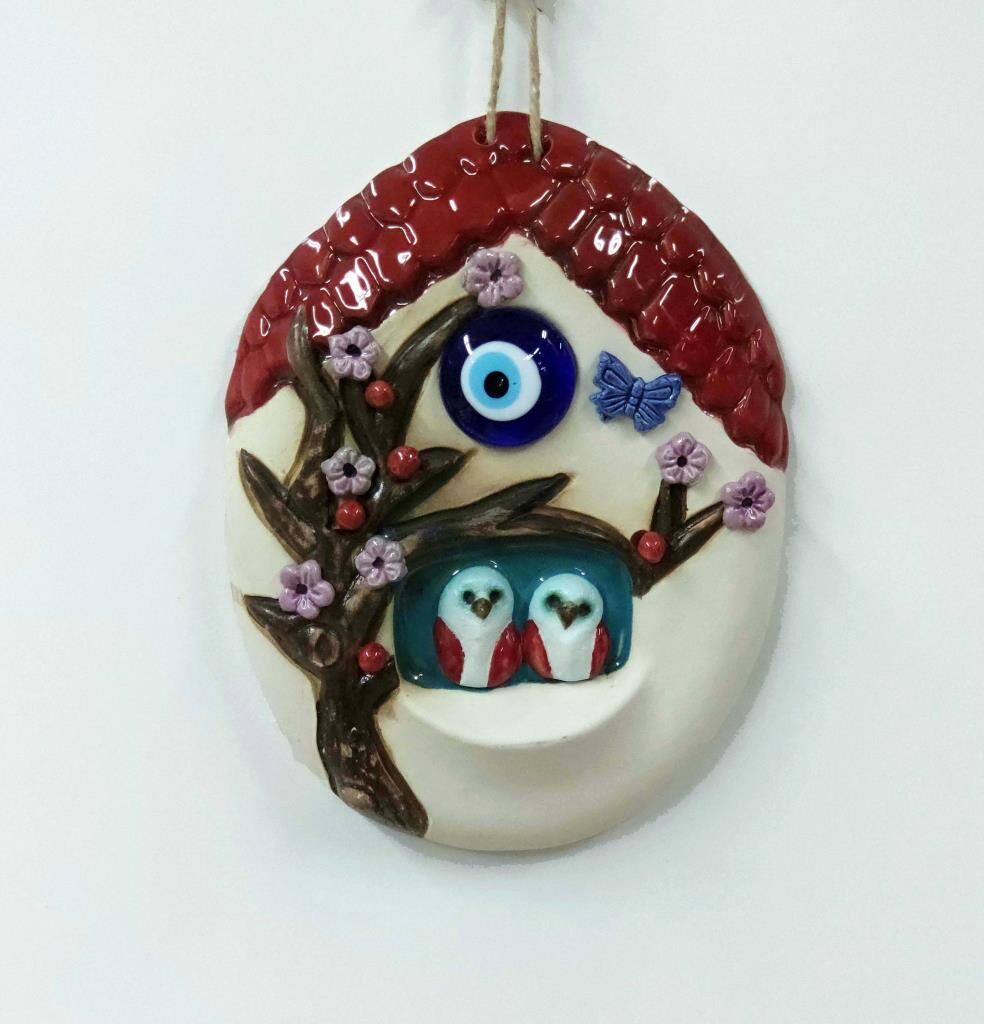 Seramik Nazarlıklı Dekoratif Ev ve Kuşlu Duvar Süsü