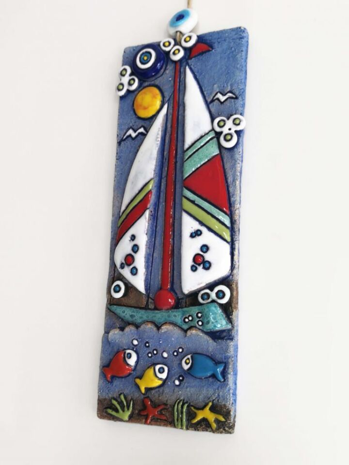 Özel Tasarım Yelkenli Nazarlık Seramik Duvar Süsü