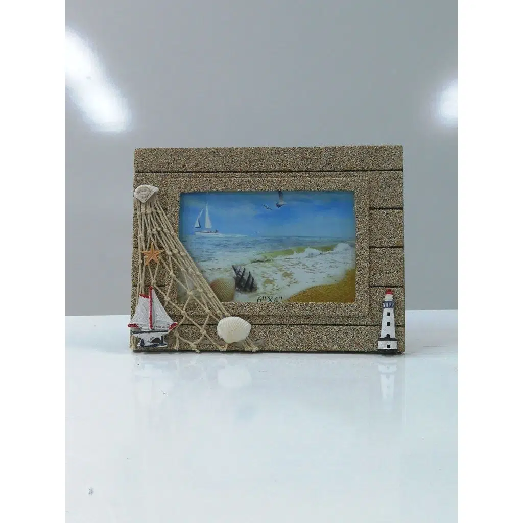 Ahşap Deniz Feneri Ağ Gemi Süslemeli Fotoğraf Resim Çerçeve 21x17