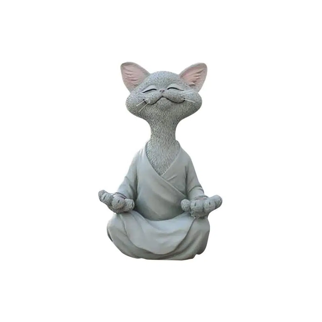 Dekoratif Yoga Yapan Kedi Biblo Meditasyon Kedi Heykeli Ev Dekoru - Gri